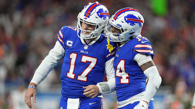 DETROIT, MICHIGAN - NOVEMBER 20: Josh Allen #17 of the Buffalo Bills and Stefon Diggs #14 of the Buffalo Bills celebrate after a touchdown during the second quarter against the Cleveland Browns at Ford Field on November 20, 2022 in Detroit, Michigan.