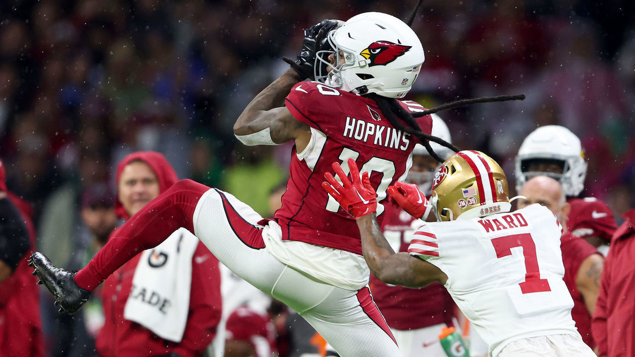 MEXICO CITY, MEXICO - NOVEMBER 21: DeAndre Hopkins #10 of the Arizona Cardinals makes a catch over Charvarius Ward #7 of the San Francisco 49ers during the first half at Estadio Azteca on November 21, 2022 in Mexico City, Mexico.