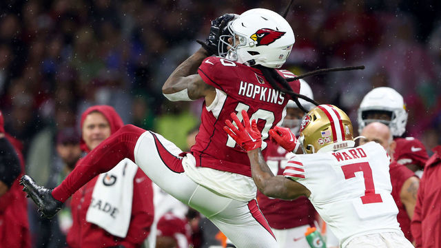 MEXICO CITY, MEXICO - NOVEMBER 21: DeAndre Hopkins #10 of the Arizona Cardinals makes a catch over Charvarius Ward #7 of the San Francisco 49ers during the first half at Estadio Azteca on November 21, 2022 in Mexico City, Mexico.