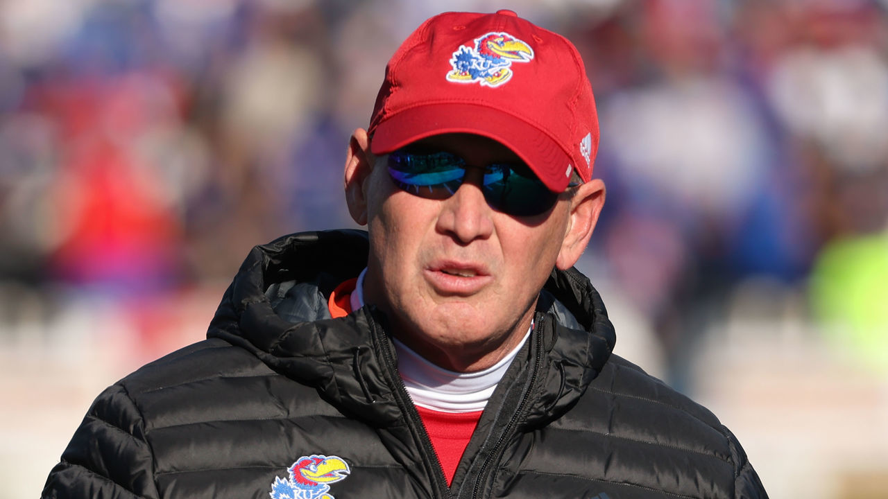 LAWRENCE, KS - NOVEMBER 19: Kansas Jayhawks head coach Lance Leipold before a Big 12 college football game between the Texas Longhorns and Kansas Jayhawks on November 19, 2022 at Memorial Stadium in Lawrence, KS.