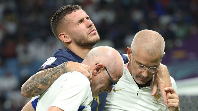 AL WAKRAH, QATAR - NOVEMBER 22: Lucas Hernandez of France is injured early in the match and has to be substituted during the FIFA World Cup Qatar 2022 Group D match between France and Australia at Al Janoub Stadium on November 22, 2022 in Al Wakrah, Qatar.