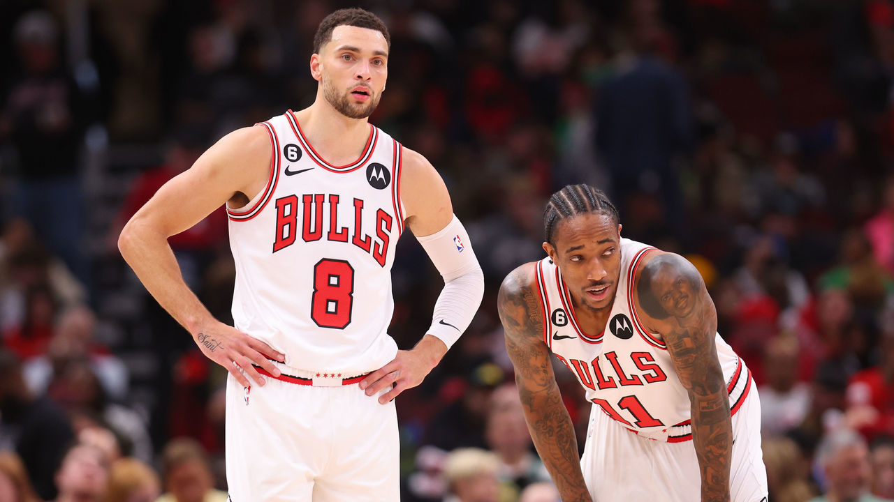 CHICAGO, ILLINOIS - NOVEMBER 21: Zach LaVine #8 and DeMar DeRozan #11 of the Chicago Bulls look on against the Boston Celtics during the second half at United Center on November 21, 2022 in Chicago, Illinois.