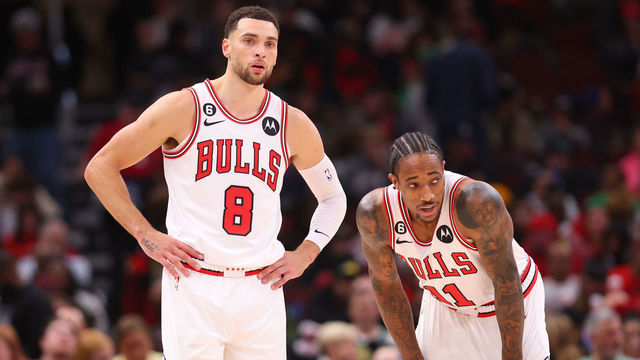 CHICAGO, ILLINOIS - NOVEMBER 21: Zach LaVine #8 and DeMar DeRozan #11 of the Chicago Bulls look on against the Boston Celtics during the second half at United Center on November 21, 2022 in Chicago, Illinois.