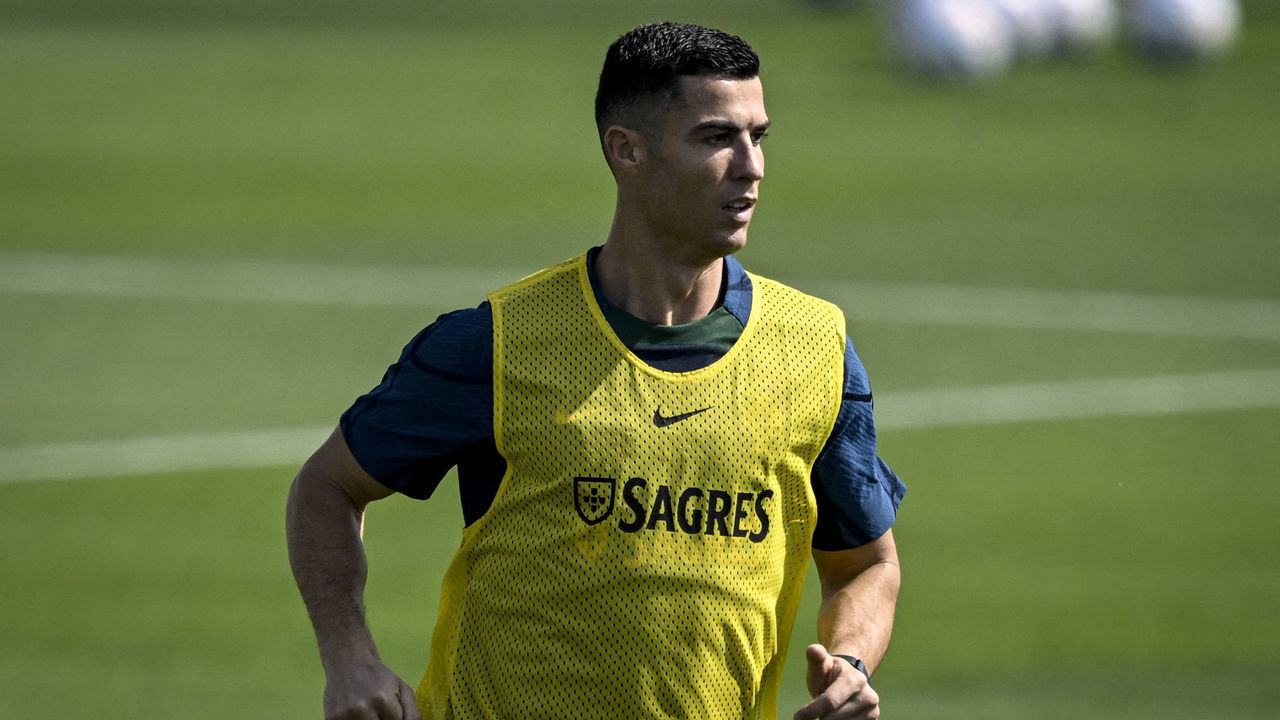 Portugal's forward Cristiano Ronaldo takes part in a training session at Shahaniya Sports Club of Al Samriya Autograph Collection Hotel in Al Samriya, northwest of Doha on November 21, 2022 during the Qatar 2022 World Cup football tournament.