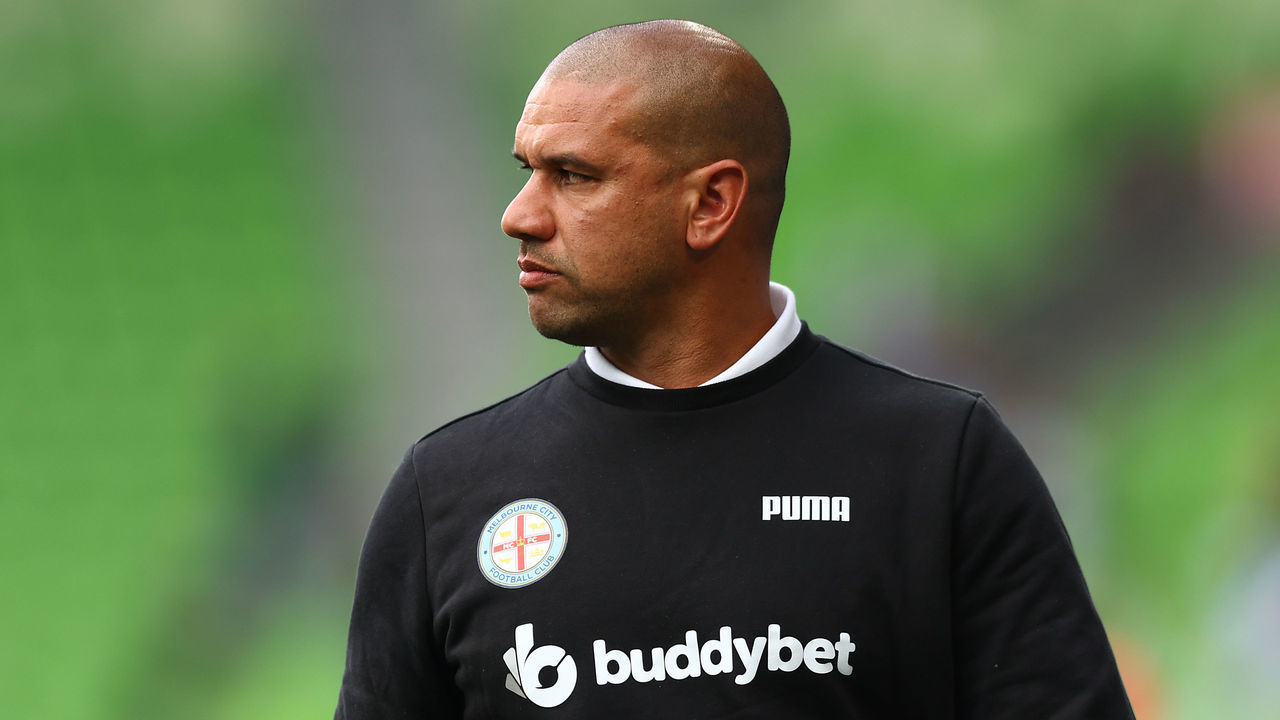 MELBOURNE, AUSTRALIA - NOVEMBER 05: Melbourne City Head Coach Patrick Kisnorbo looks on prior to the round five A-League Men's match between Melbourne City and Perth Glory at AAMI Park on November 05, 2022, in Melbourne, Australia.