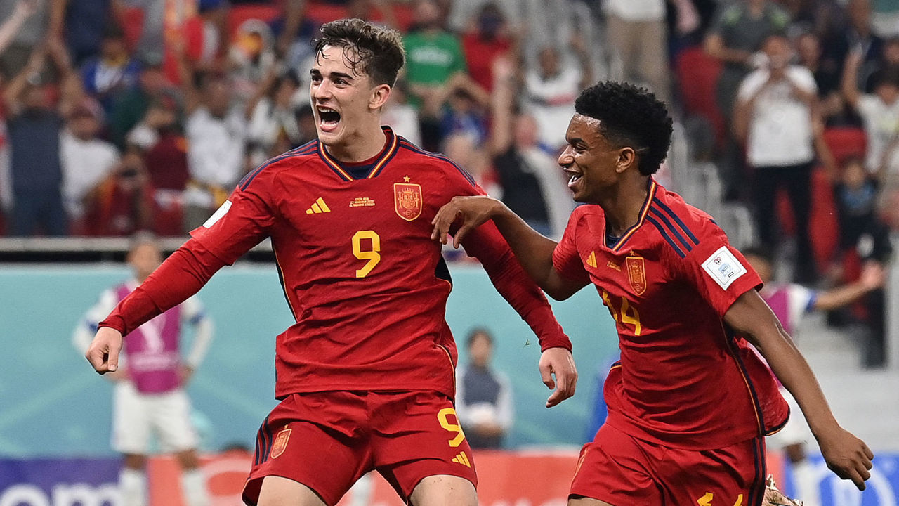 Spain's midfielder #09 Gavi (L) celebrates scoring his team's fifth goal during the Qatar 2022 World Cup Group E football match between Spain and Costa Rica at the Al-Thumama Stadium in Doha on November 23, 2022.