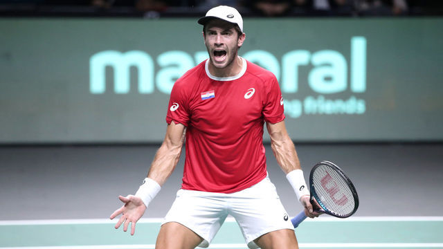 MALAGA, SPAIN - NOVEMBER 23: Borna Coric of Croatia celebrates his win over Roberto Bautista of Spain during the Davis Cup by Rakuten Finals 2022 match between Croatia and Spain at Palacio de los Deportes Jose Maria Martin Carpena on November 23, 2022 in Malaga, Spain. (Photo by Sanjin Strukic/Pixsell/MB Media/Getty Images