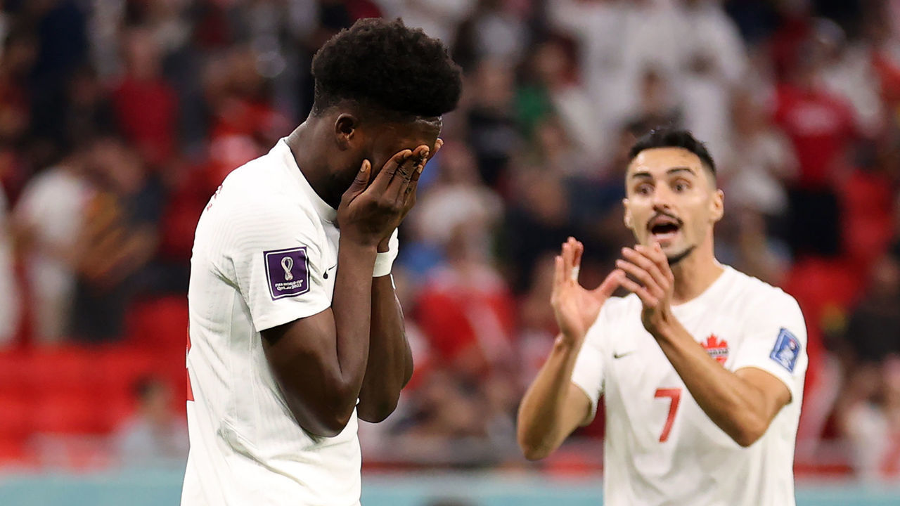 DOHA, QATAR - NOVEMBER 23: Alphonso Davies of Canada reacts after Thibaut Courtois of Belgium saves their penalty attempt during the FIFA World Cup Qatar 2022 Group F match between Belgium and Canada at Ahmad Bin Ali Stadium on November 23, 2022 in Doha, Qatar.