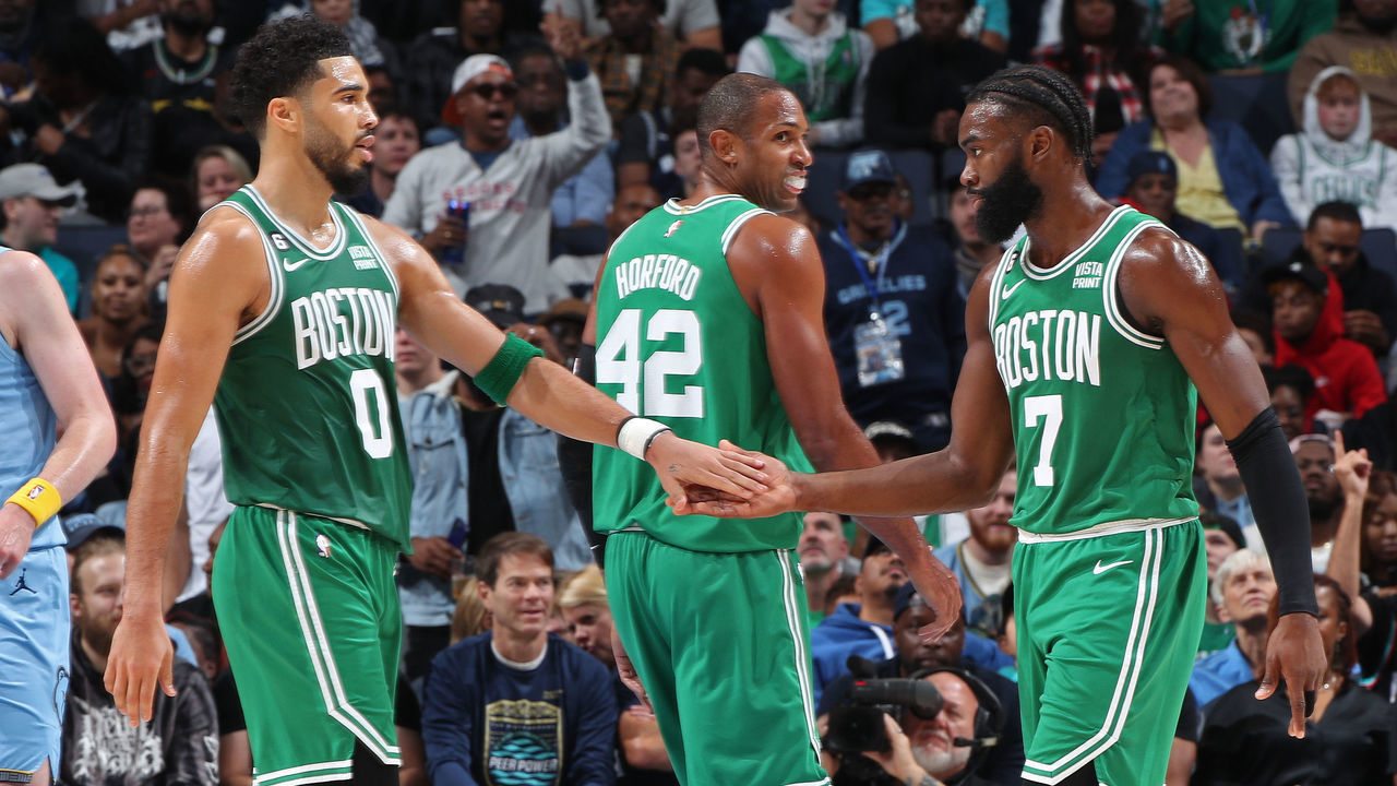 MEMPHIS, TN - NOVEMBER 7: Jayson Tatum #0 and Jaylen Brown #7 of the Boston Celtics shake hands against the Memphis Grizzlies on November 7, 2022 at FedExForum in Memphis, Tennessee. Mandatory Copyright Notice: Copyright 2022 NBAE
