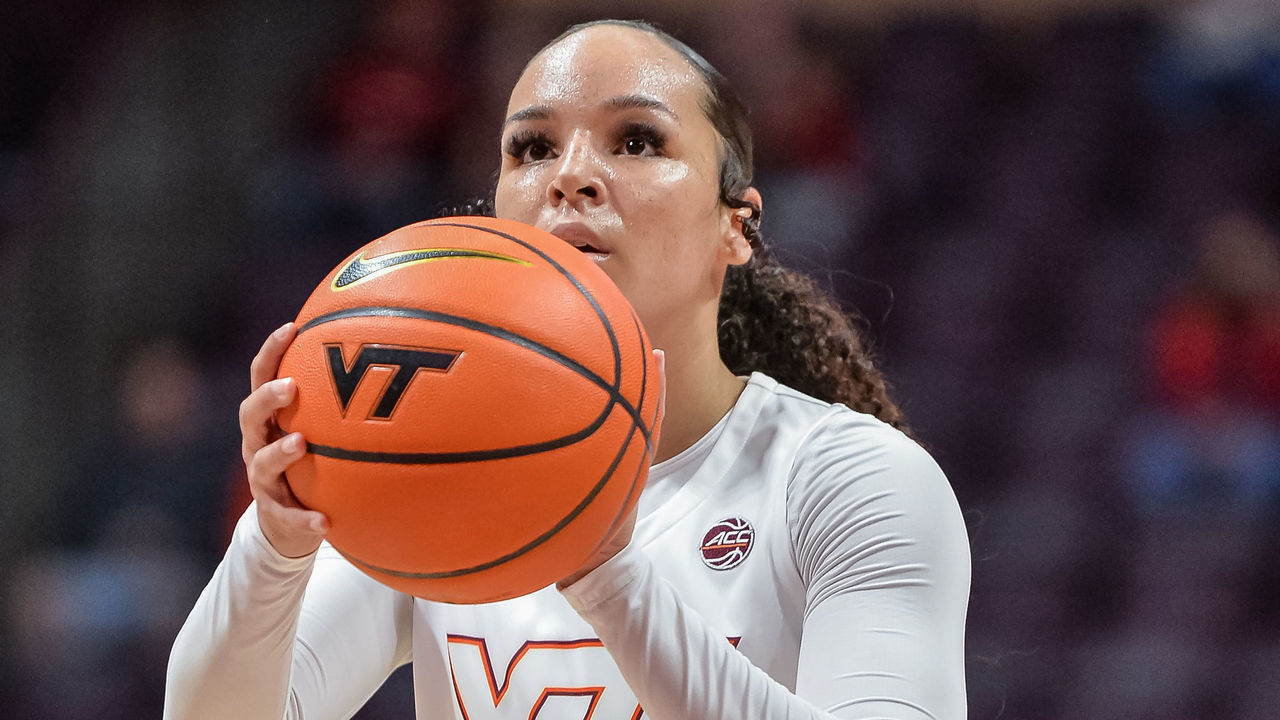 BLACKSBURG, VA - DECEMBER 30: Virginia Tech Hokies guard Kayana Traylor (23) shoots a free throw during a college basketball game between the Duke Blue Devils and the Virginia Tech Hokies on December 30, 2021 at Cassell Coliseum in Blacksburg, VA.