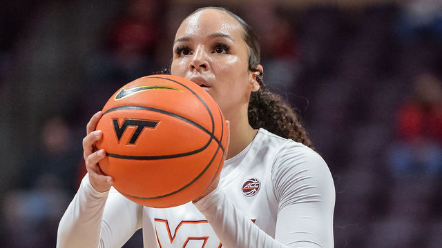 BLACKSBURG, VA - DECEMBER 30: Virginia Tech Hokies guard Kayana Traylor (23) shoots a free throw during a college basketball game between the Duke Blue Devils and the Virginia Tech Hokies on December 30, 2021 at Cassell Coliseum in Blacksburg, VA.