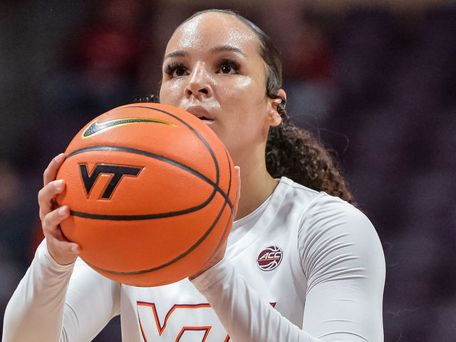 BLACKSBURG, VA - DECEMBER 30: Virginia Tech Hokies guard Kayana Traylor (23) shoots a free throw during a college basketball game between the Duke Blue Devils and the Virginia Tech Hokies on December 30, 2021 at Cassell Coliseum in Blacksburg, VA.