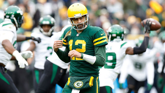 GREEN BAY, WISCONSIN - OCTOBER 16: Aaron Rodgers #12 of the Green Bay Packers reacts after a fumble recovered by the New York Jets at Lambeau Field on October 16, 2022 in Green Bay, Wisconsin. Jets defeated the Packers 27-10.