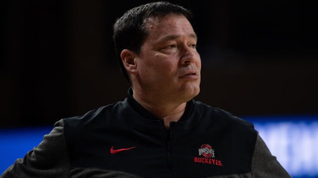 CHESTNUT HILL, MA - NOVEMBER 13: Ohio State Buckeyes head coach Kevin McGuff looks on during a women's college basketball game between the Ohio State Buckeyes and the Boston College Eagles on November 13, 2022, at Conte Forum in Chestnut Hill, MA.