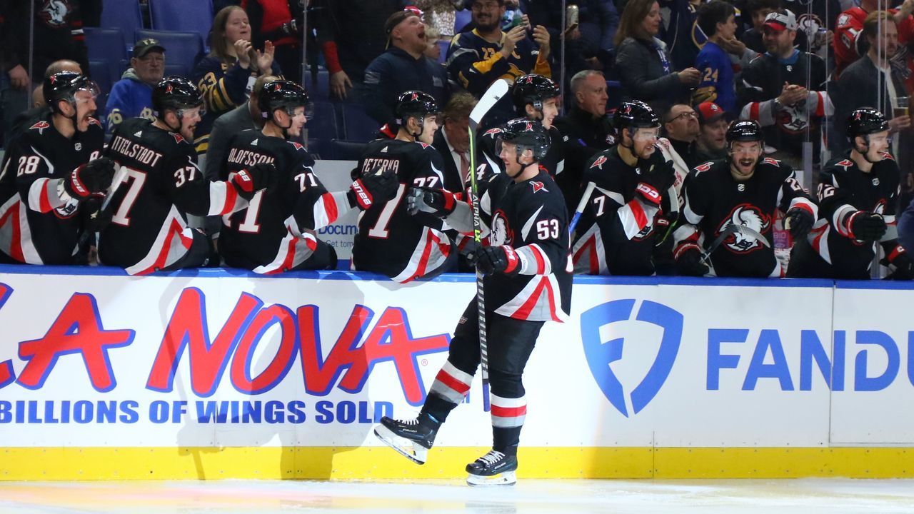 BUFFALO, NY - NOVEMBER 23: Jeff Skinner (53) of the Buffalo Sabres celebrates his first goal of the game against the St. Louis Blues during an NHL game on November 23, 2022 at KeyBank Center in Buffalo, New York. Buffalo won, 6-2.