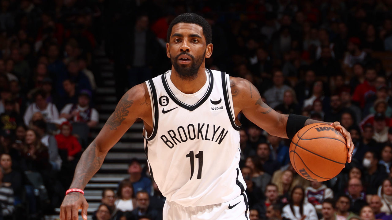 TORONTO, CANADA - NOVEMBER 23: Kyrie Irving #11 of the Brooklyn Nets dribbles the ball during the game against the Toronto Raptors on November 23, 2022 at the Scotiabank Arena in Toronto, Ontario, Canada. Mandatory Copyright Notice: Copyright 2022 NBAE