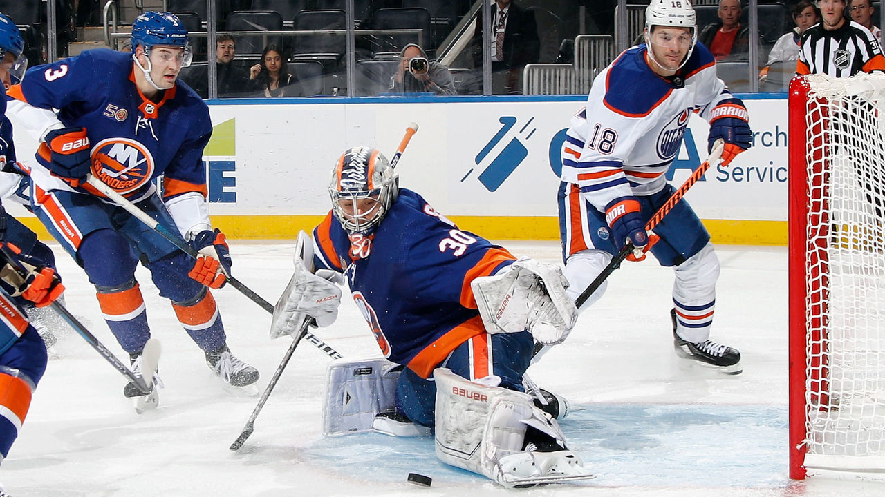 ELMONT, NEW YORK - NOVEMBER 23: Ilya Sorokin #30 of the New York Islanders makes the third period save against the Edmonton Oilers at the UBS Arena on November 23, 2022 in Elmont, New York.