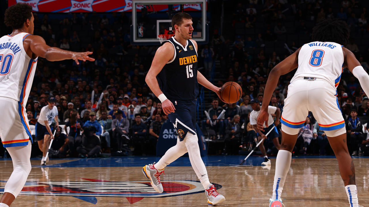 OKLAHOMA CITY, OK - NOVEMBER 23: Nikola Jokic #15 of the Denver Nuggets passes the ball during the game against the Oklahoma City Thunder on November 23, 2022 at Paycom Arena in Oklahoma City, Oklahoma. Mandatory Copyright Notice: Copyright 2022 NBAE