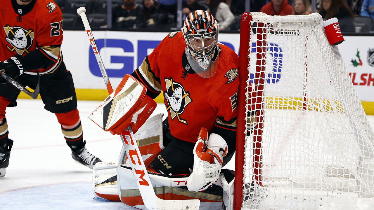 ANAHEIM, CALIFORNIA - NOVEMBER 23: John Gibson #36 of the Anaheim Ducks in goal against the New York Rangers in the third period at Honda Center on November 23, 2022 in Anaheim, California.