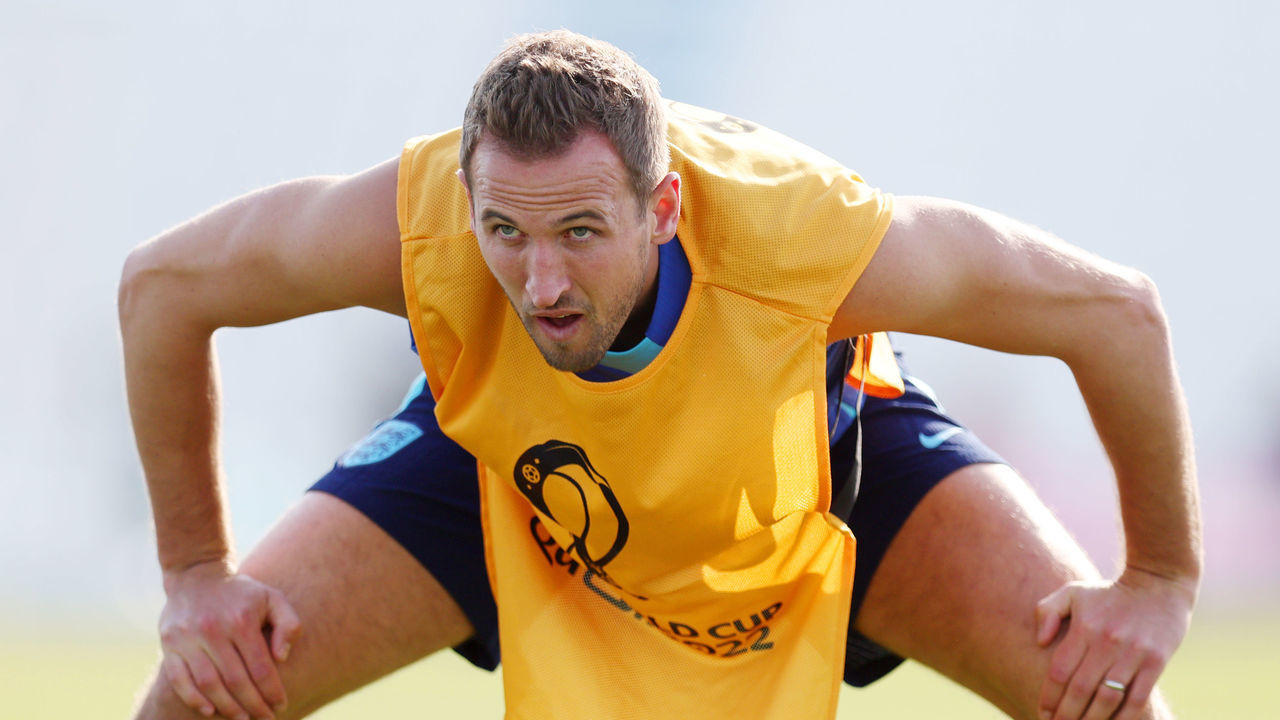 DOHA, QATAR - NOVEMBER 24: Harry Kane of England looks on during the England Training Session at Al Wakrah SC Stadium on November 24, 2022 in Doha, Qatar.