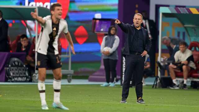 DOHA, QATAR - NOVEMBER 23: Head coach Hansi Flick of Germany reacts from the sidleline during the FIFA World Cup Qatar 2022 Group E match between Germany and Japan at Khalifa International Stadium on November 23, 2022 in Doha, Qatar.
