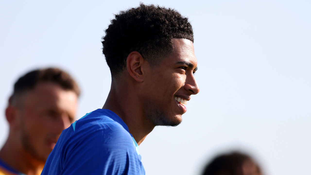 DOHA, QATAR - NOVEMBER 24: Jude Bellingham of England looks on during the England Training Session at Al Wakrah SC Stadium on November 24, 2022 in Doha, Qatar.