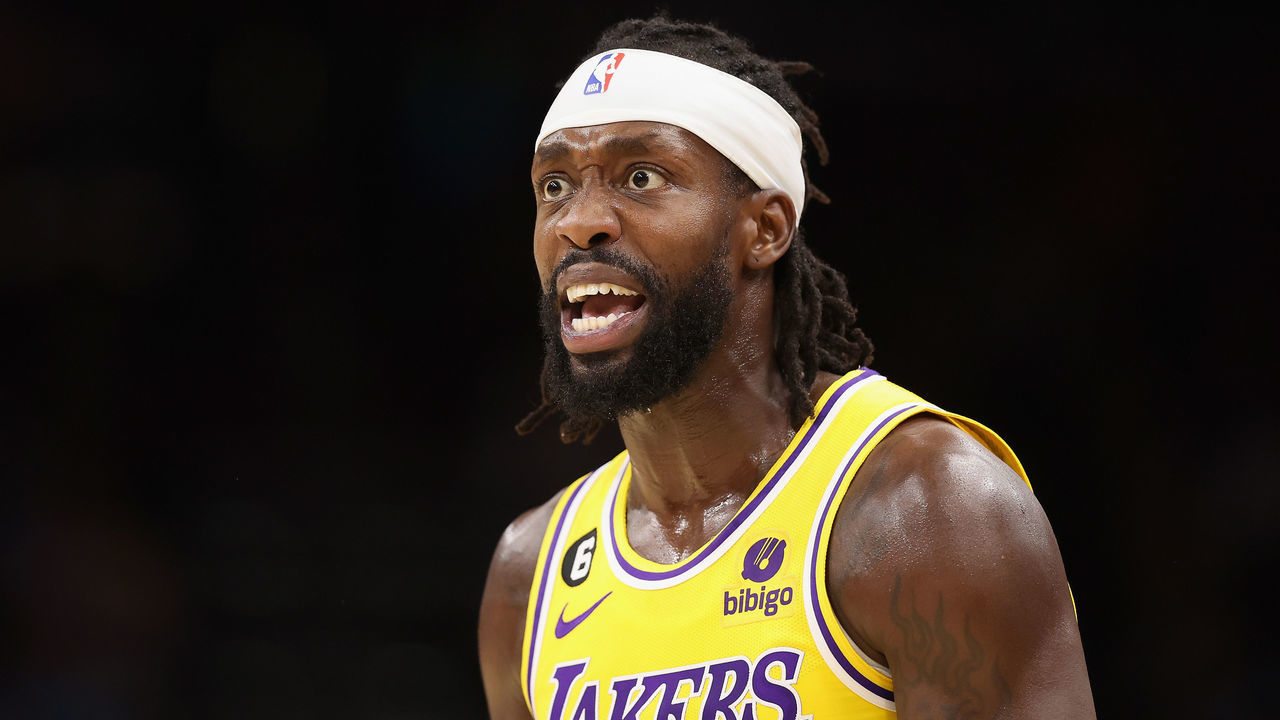 PHOENIX, ARIZONA - NOVEMBER 22: Patrick Beverley #21 of the Los Angeles Lakers reacts during the first half of the NBA game against the Phoenix Suns at Footprint Center on November 22, 2022 in Phoenix, Arizona. The Suns defeated the Lakers 115-105.