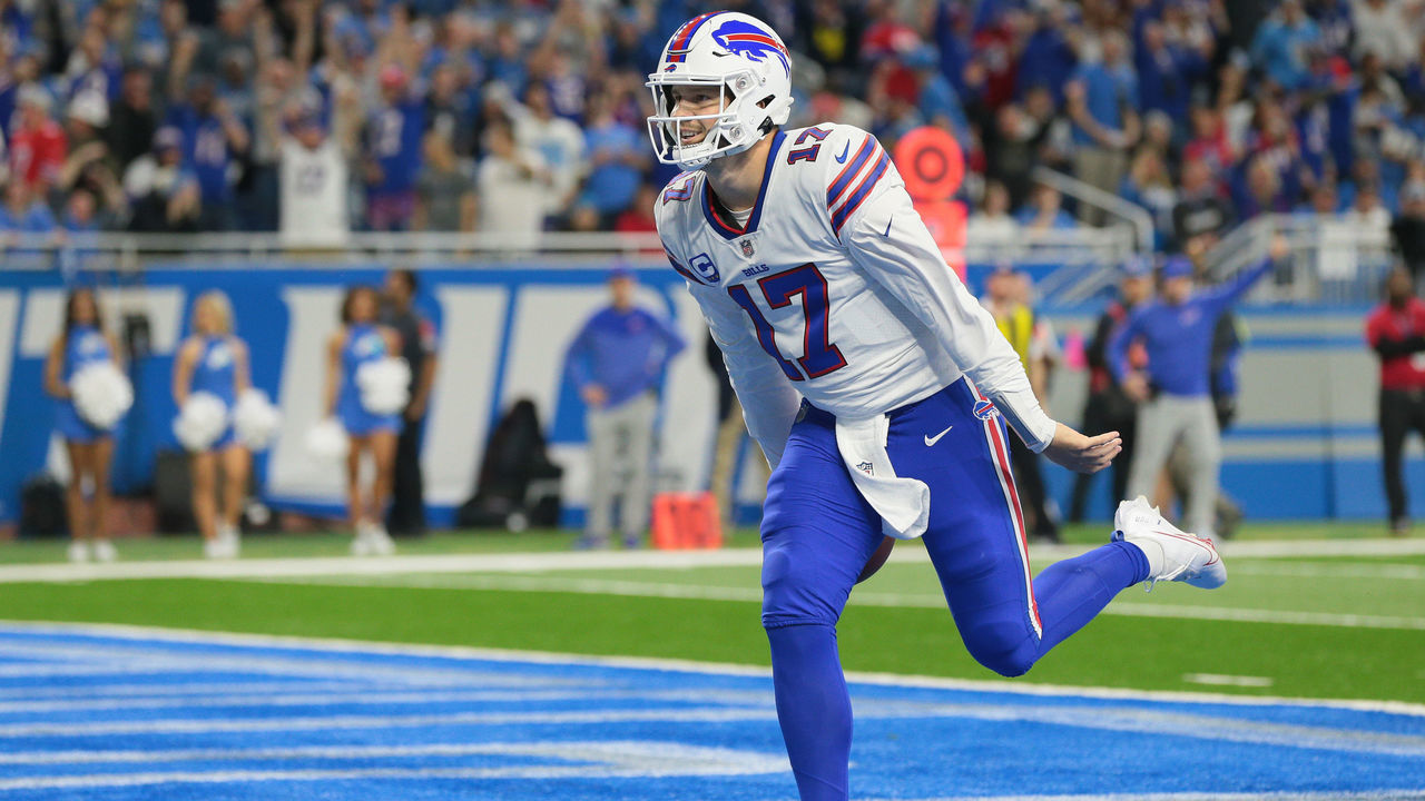 Buffalo Bills quarterback Josh Allen (17) scores a touchdown during the first half of an NFL football game between the Detroit Lions and the Buffalo Bills in Detroit, Michigan USA, on Thursday 24, 2022