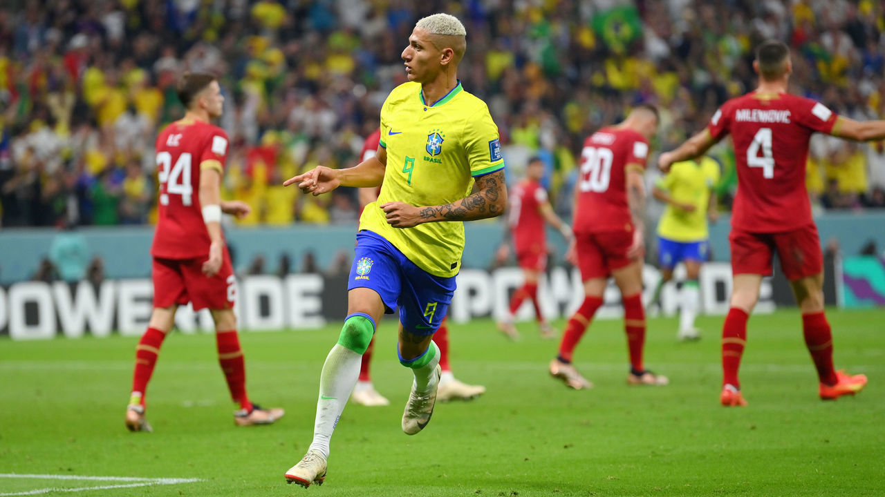 LUSAIL CITY, QATAR - NOVEMBER 24: Richarlison of Brazil celebrates after scoring their team's second goal during the FIFA World Cup Qatar 2022 Group G match between Brazil and Serbia at Lusail Stadium on November 24, 2022 in Lusail City, Qatar.