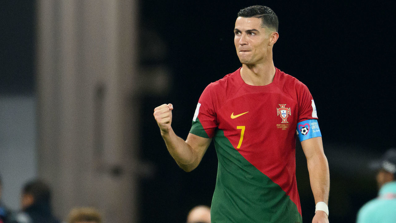 DOHA, QATAR - NOVEMBER 24: Cristiano Ronaldo of Portugal celebrates during the FIFA World Cup Qatar 2022 Group H match between Portugal and Ghana at Stadium 974 on November 24, 2022 in Doha, Qatar.