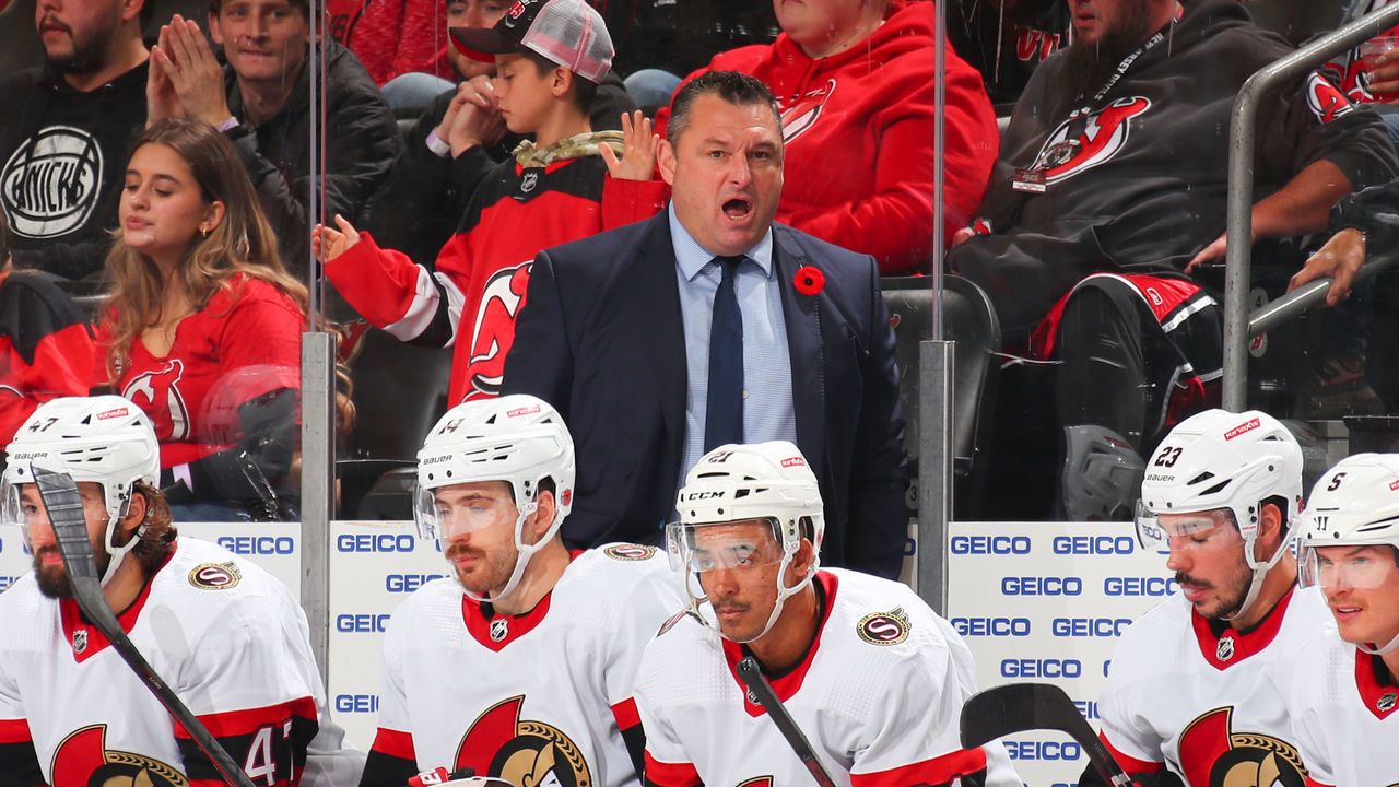 NEWARK, NJ - NOVEMBER 10: D.J. Smith Ottawa Senators head coach behind the bench against the New Jersey Devils on November 10, 2022 at the Prudential Center in Newark, New Jersey.