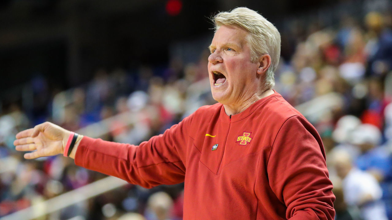 GREENSBORO, NC - MARCH 25: Head Coach Bill Fennelly of the Iowa State Cyclones give instructions to his team during the NCAA Division I Womens Basketball Championship Sweet Sixteen round game between the Iowa State Cyclones and the Creighton Bluejays on March 25, 2022, at Greensboro Coliseum in Greensboro, NC.