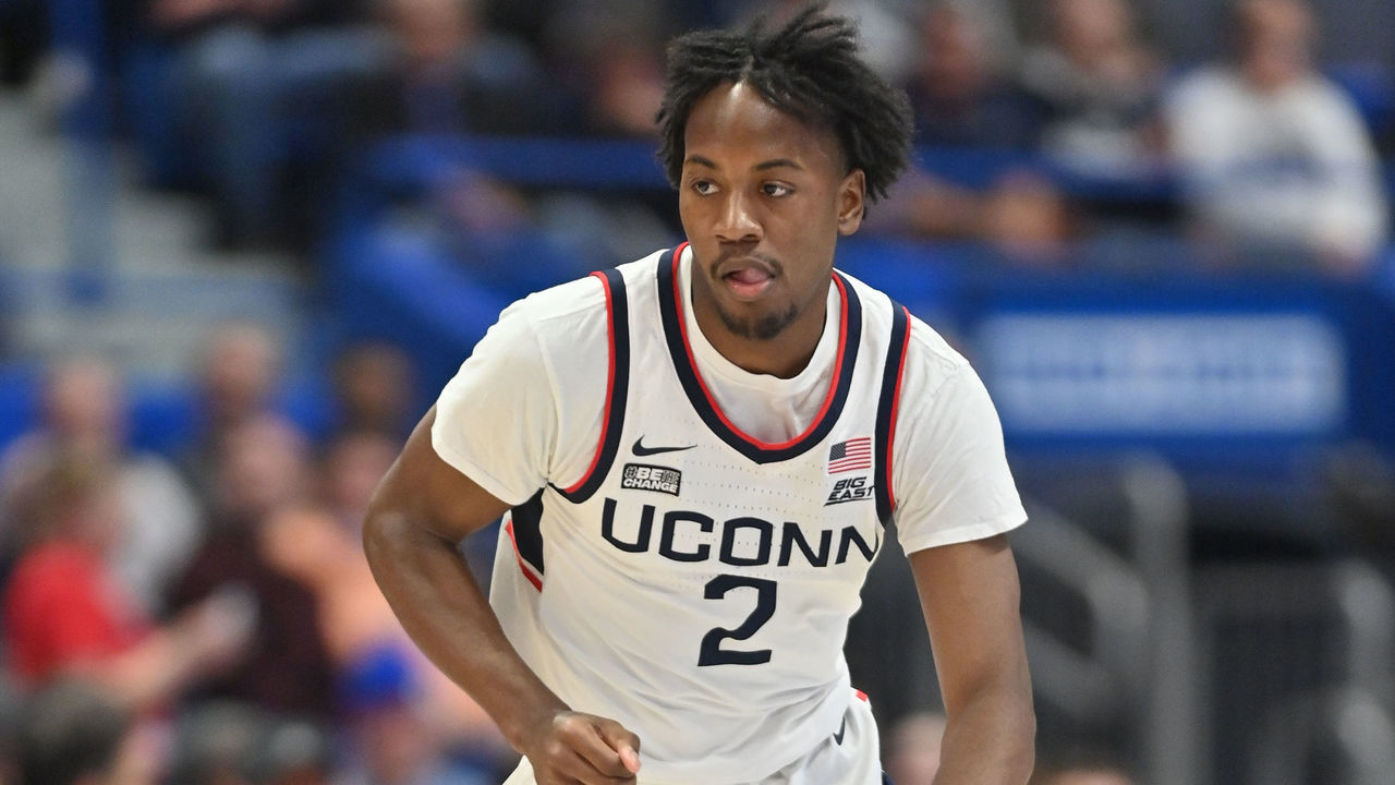 HARTFORD, CT - NOVEMBER 15: UConn Huskies guard Tristen Newton (2) handles the ball during the game as the Buffalo Bulls take on the UConn Huskies on November 15, 2022, at the XL Center in Hartford, Connecticut.
