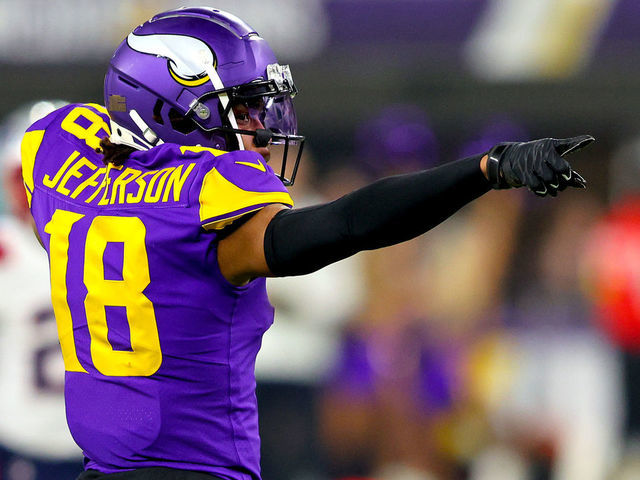 MINNEAPOLIS, MINNESOTA - NOVEMBER 24: Justin Jefferson #18 of the Minnesota Vikings reacts during the first half against the New England Patriots at U.S. Bank Stadium on November 24, 2022 in Minneapolis, Minnesota.