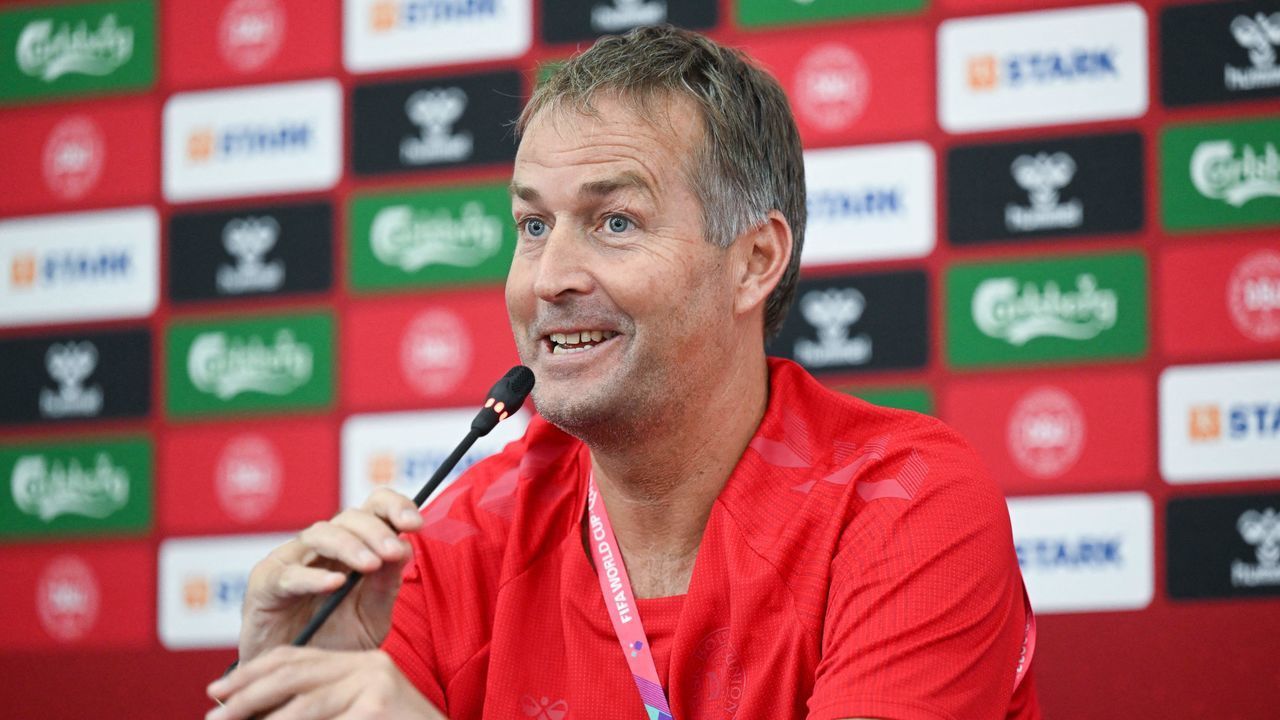 Denmark's coach Kasper Hjulmand gives a press conference at the Al Sailiya SC in Ar-Rayyan on November 23, 2022, during the Qatar 2022 World Cup football tournament.