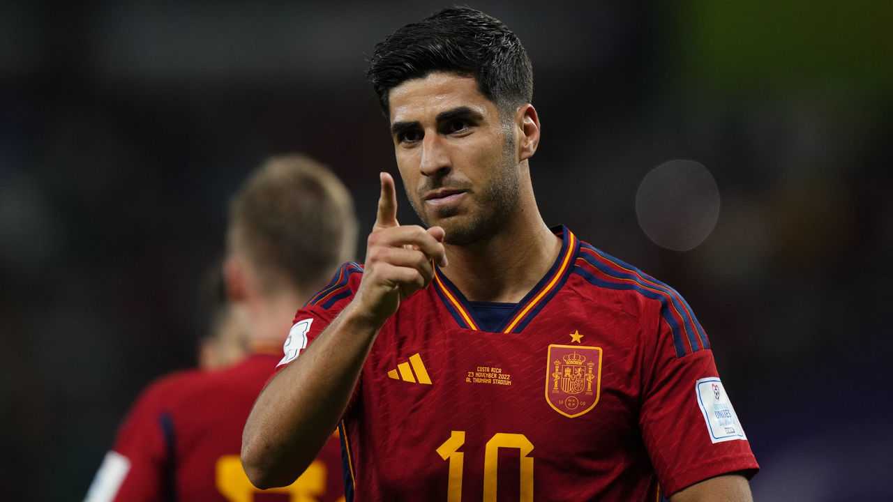 Marco Asensio Right Winger of Spain and Real Madrid celebrates after scoring his sides first goal during the FIFA World Cup Qatar 2022 Group E match between Spain and Costa Rica at Al Thumama Stadium on November 23, 2022 in Doha, Qatar.