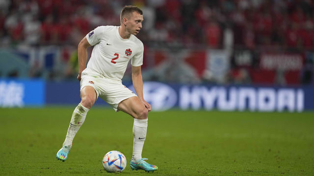DOHA, QATAR - NOVEMBER 23: Alistair Johnston of Canada controls the ball during the FIFA World Cup Qatar 2022 Group F match between Belgium and Canada at Ahmad Bin Ali Stadium on November 23, 2022 in Doha, Qatar.