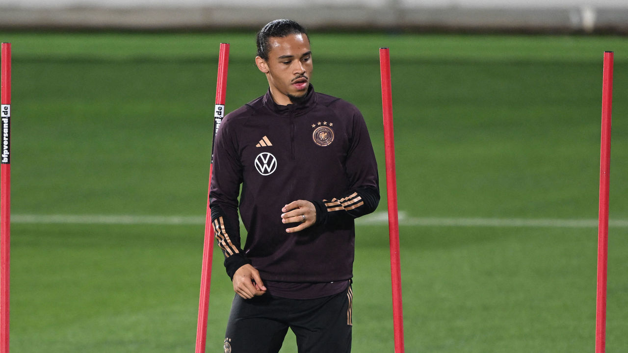 Germany's forward Leroy Sane takes part in a training session at Al Shamal Stadium in Al Shamal, north of Doha on November 25, 2022, during of the Qatar 2022 World Cup football tournament.