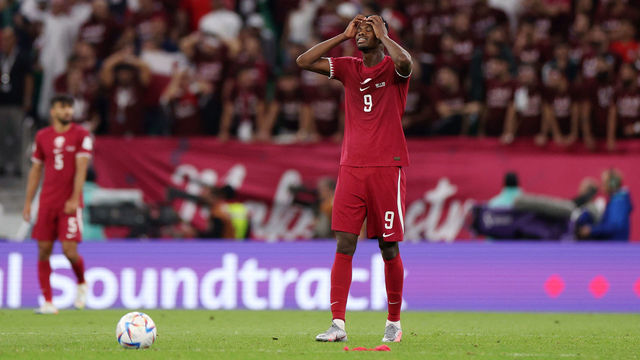 DOHA, QATAR - NOVEMBER 25: Mohammed Muntari of Qatar shows dejection after Senegal's third goal during the FIFA World Cup Qatar 2022 Group A match between Qatar and Senegal at Al Thumama Stadium on November 25, 2022 in Doha, Qatar.