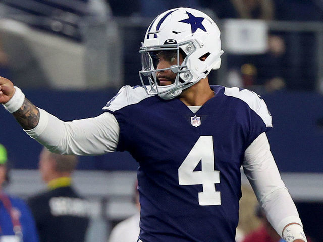 ARLINGTON, TEXAS - NOVEMBER 24: Dak Prescott #4 of the Dallas Cowboys reacts after a first down during the first half in the game against the New York Giants at AT&T Stadium on November 24, 2022 in Arlington, Texas.