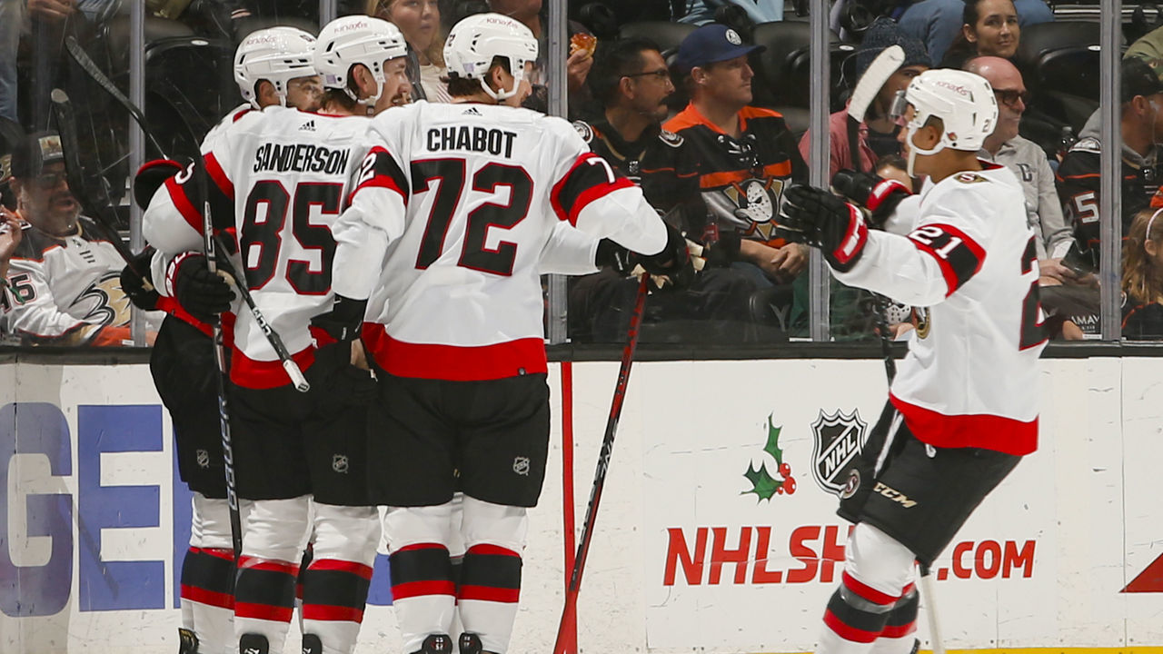 ANAHEIM, CA - NOVEMBER 25: Derick Brassard #61 of the Ottawa Senators celebrates his goal with teammates during the first period against the Anaheim Ducks at Honda Center on November 25, 2022 in Anaheim, California.