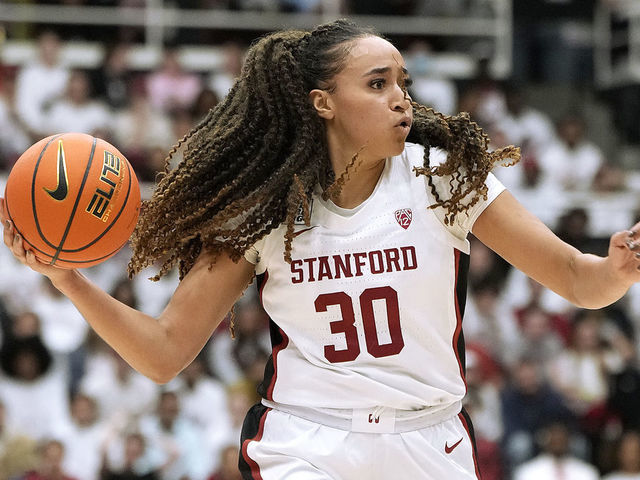 PALO ALTO, CALIFORNIA - NOVEMBER 20: Haley Jones #30 of the Stanford Cardinal looks to pass the ball against the South Carolina Gamecocks during the third quarter at Stanford Maples Pavilion on November 20, 2022 in Palo Alto, California.
