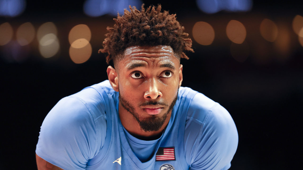 PORTLAND, OREGON - NOVEMBER 24: Leaky Black #1 of the North Carolina Tar Heels looks on during the second half against the Portland Pilots at Moda Center on November 24, 2022 in Portland, Oregon.