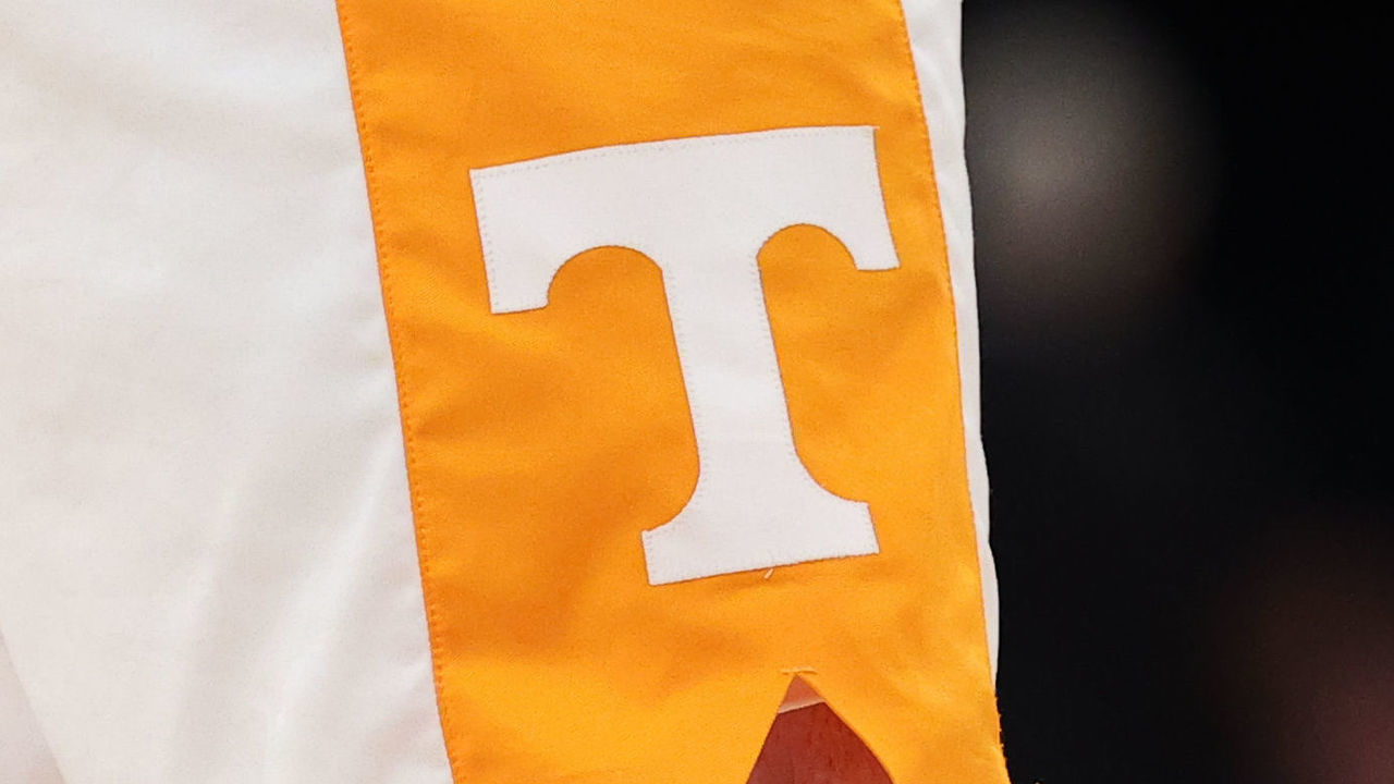 NEW YORK, NY - DECEMBER 07: Tennessee Volunteers shorts logo during the college basketball game between the Tennessee Volunteers and the Texas Tech Red Raiders on December 7, 2021 at Madison Square Garden in New York City,NY.