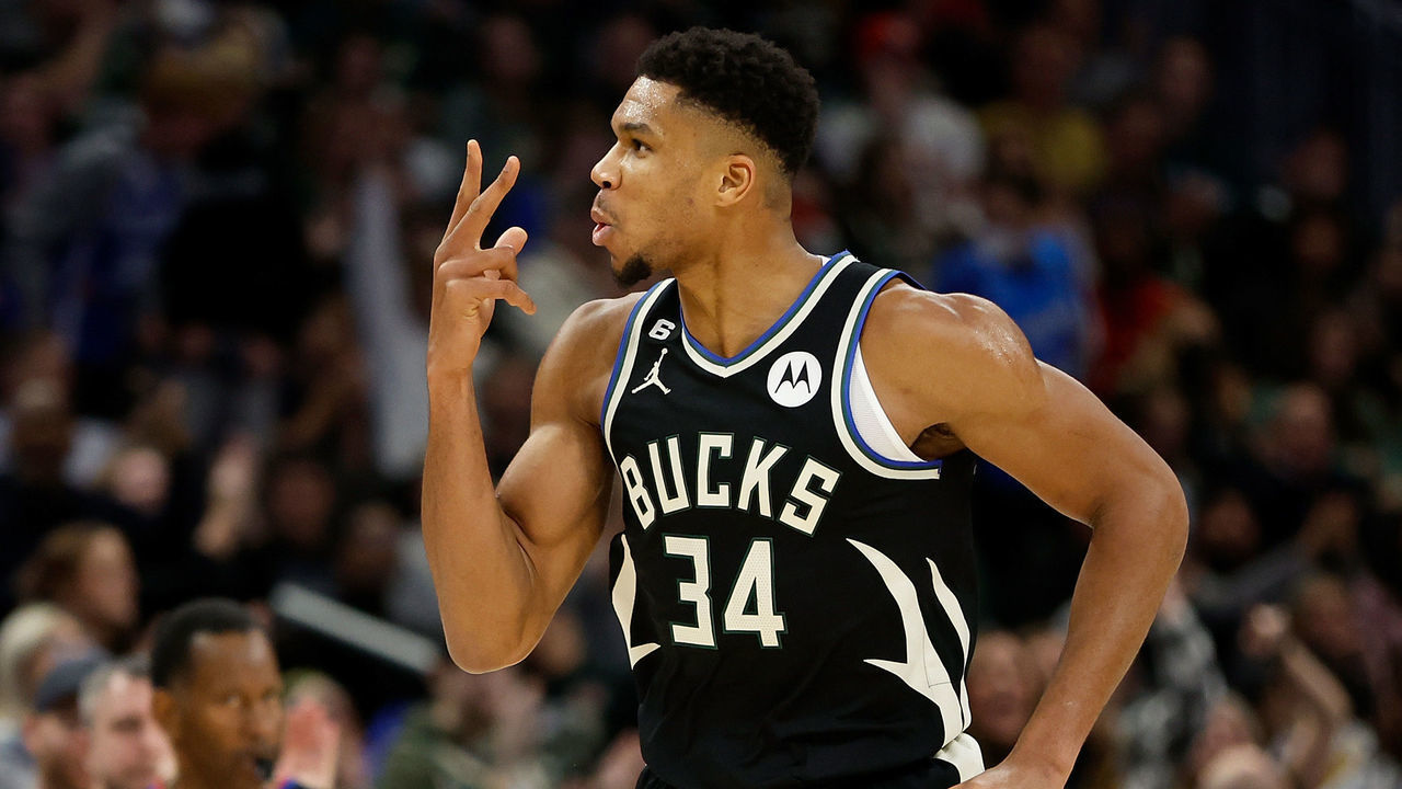 MILWAUKEE, WISCONSIN - NOVEMBER 25: Giannis Antetokounmpo #34 of the Milwaukee Bucks reacts toward the crowd after a score during the second half of the game against the Cleveland Cavaliers at Fiserv Forum on November 25, 2022 in Milwaukee, Wisconsin.