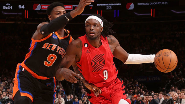 NEW YORK, NY - NOVEMBER 25: Jerami Grant #9 of the Portland Trail Blazers drives to the basket during the game against the New York Knicks on November 25, 2022 at Madison Square Garden in New York City, New York. Mandatory Copyright Notice: Copyright 2022 NBAE