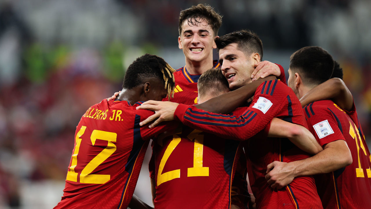 DOHA, QATAR - NOVEMBER 23: Alvaro Morata #7 of Spain celebrates with team mates after scoring his team's seventh goal during the FIFA World Cup Qatar 2022 Group E match between Spain and Costa Rica at Al Thumama Stadium on November 23, 2022 in Doha, Qatar.