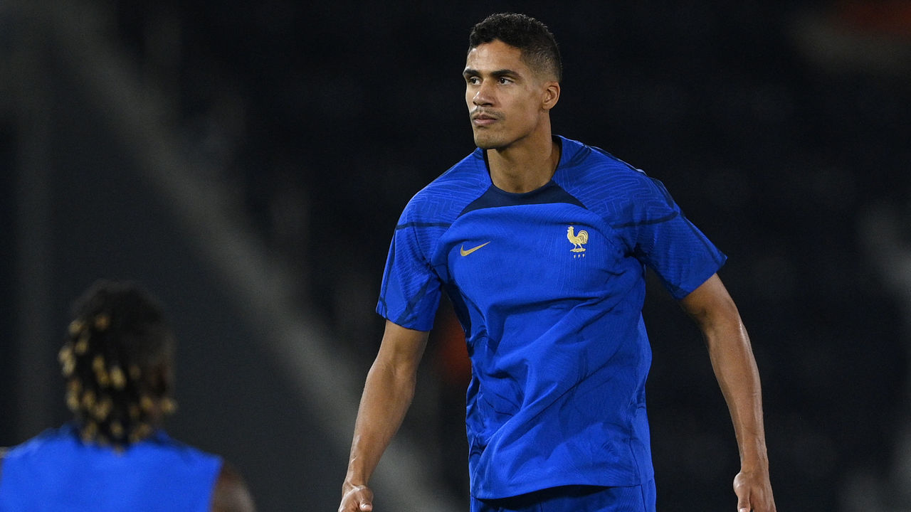 France's defender Raphael Varane takes part in a training session at Al Sadd SC Stadium in Doha on November 25, 2022, on the eve of the Qatar 2022 World Cup football tournament Group D match between France and Denmark.