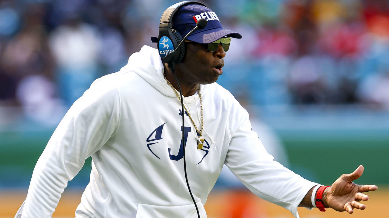 MIAMI GARDENS, FLORIDA - SEPTEMBER 04: Head coach Deion Sanders of the Jackson State Tigers reacts on the sidelines against the Florida A&M Rattlers during the Orange Blossom Classic Game at Hard Rock Stadium on September 04, 2022 in Miami Gardens, Florida. The Tigers defeated the Rattlers 59-3.