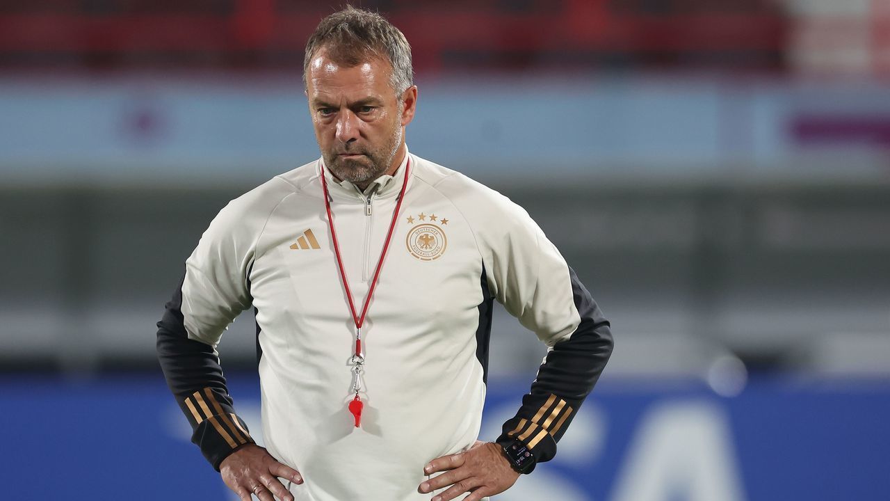 AL RUWAIS, QATAR - NOVEMBER 26: Hans-Dieter Flick, head coach of Germany looks on during the Germany Training Session at Al Shamal Stadium on November 26, 2022 in Al Ruwais, Qatar.